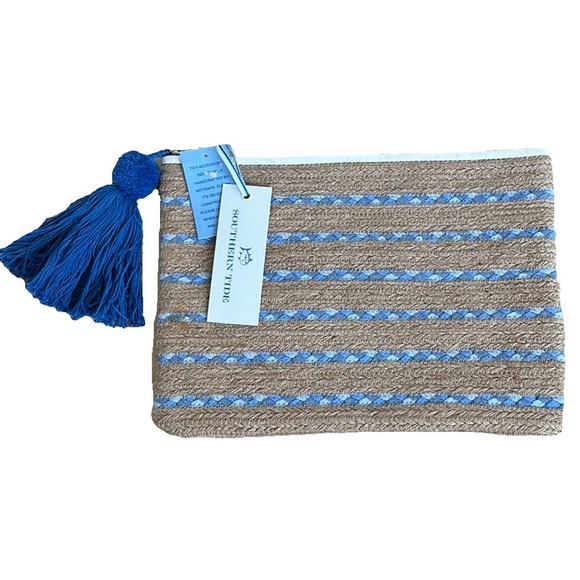 Southern Tide Tide Jute Braided Pom Pom Tassel Clutch Beach Summer Preppy Blue - Picture 1 of 8